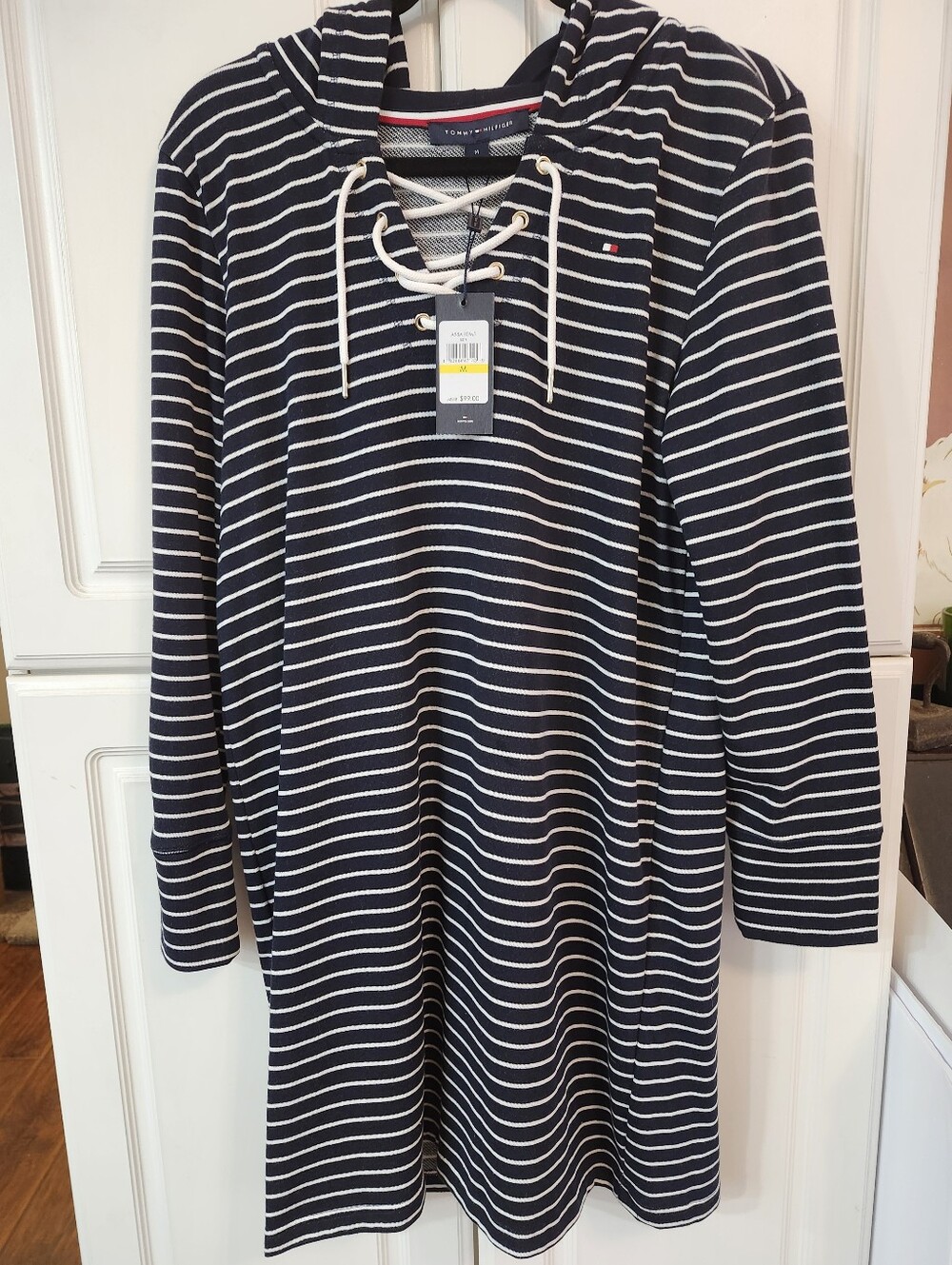 Tommy Hilfiger Navy & White Striped Lace-Up Hooded Dress Size Medium NWT